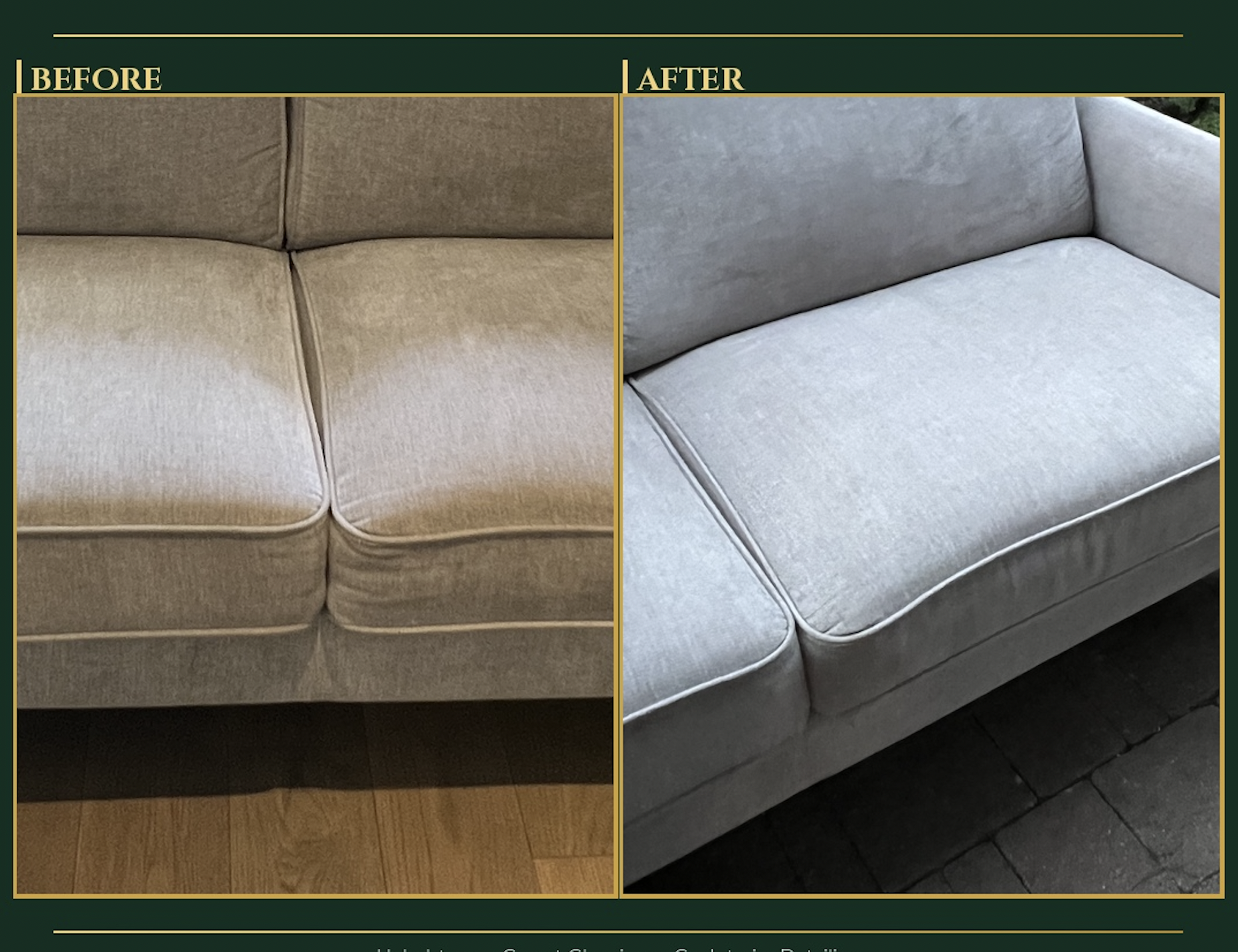 Sofa cushions before and after upholstery cleaning showing colour restoration