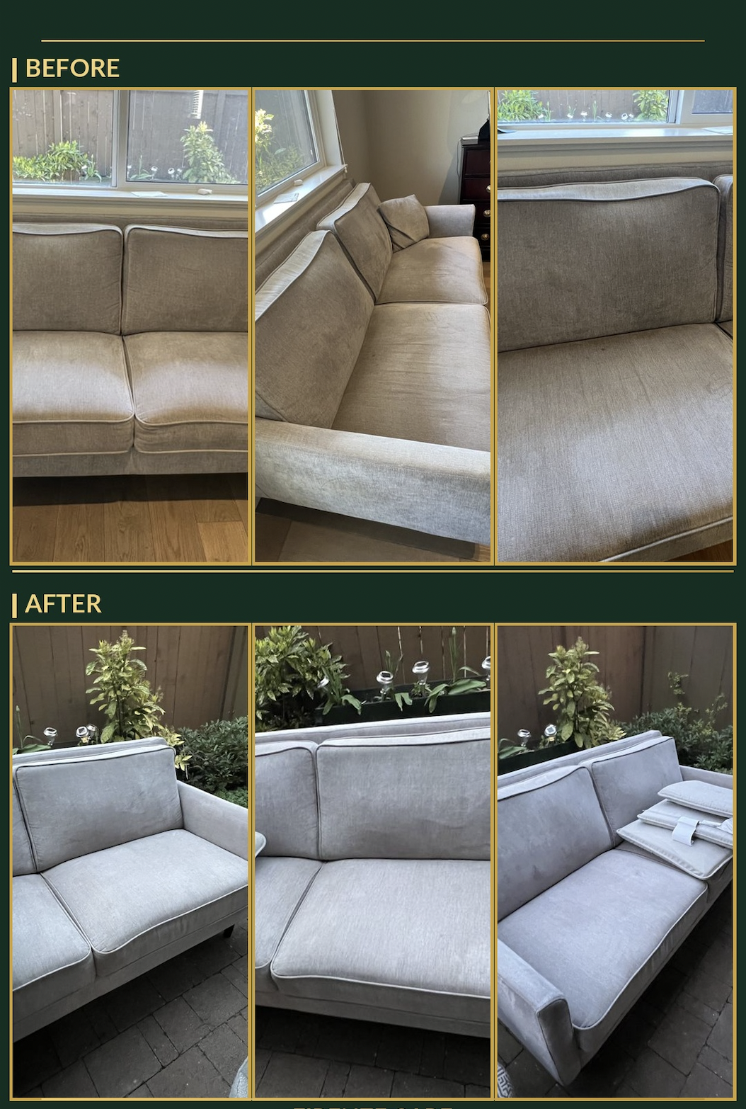 Beige sofa before and after professional deep-clean — Firenze Care Vancouver